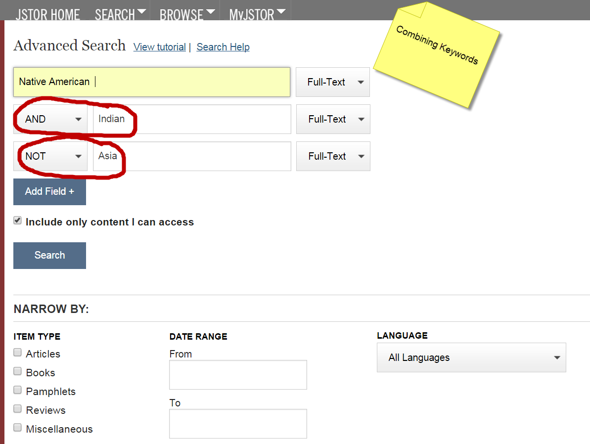image: JSTOR advanced search boxes