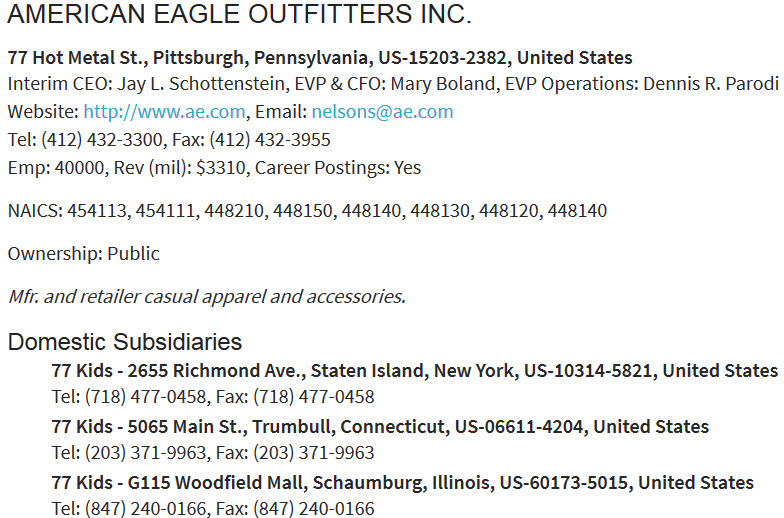 Directory information for American Eagle Outfitters, Inc.
