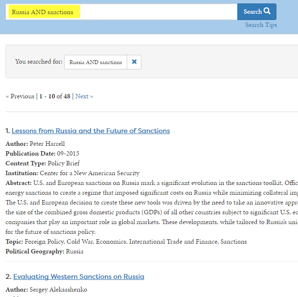 Screenshot of a CIAO search for "Russia AND sanctions".
